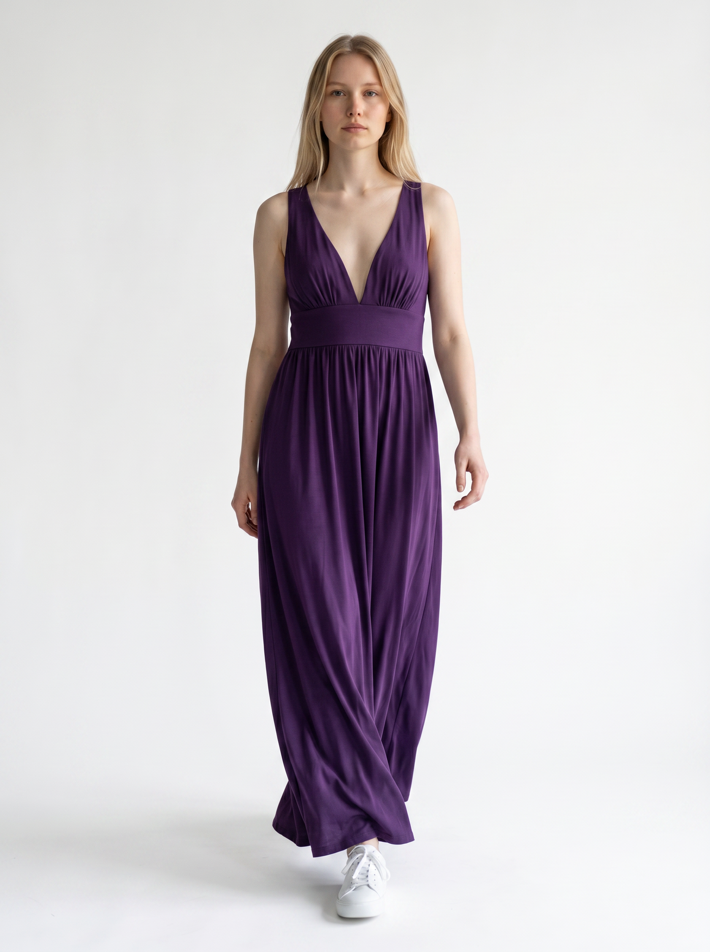 Sleeveless V-neck Stretch Floor-Length Evening Dress Side Split – Dark Purple UK20