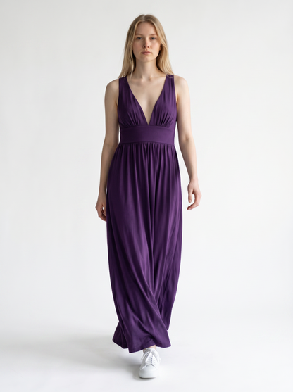 Sleeveless V-neck Stretch Floor-Length Evening Dress Side Split – Dark Purple UK20
