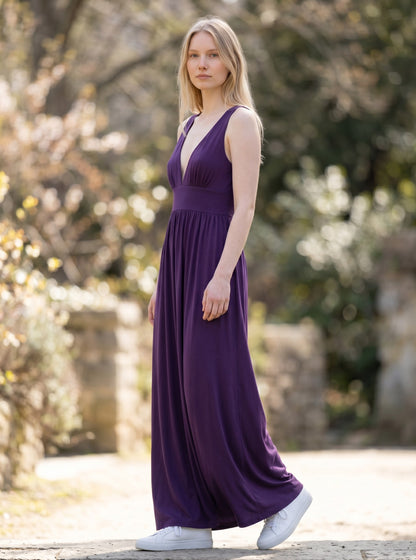 Sleeveless V-neck Stretch Floor-Length Evening Dress Side Split – Dark Purple UK20