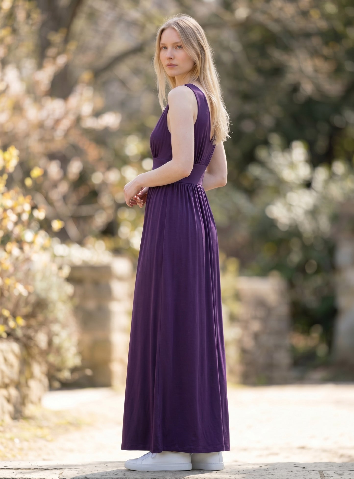 Sleeveless V-neck Stretch Floor-Length Evening Dress Side Split – Dark Purple UK20