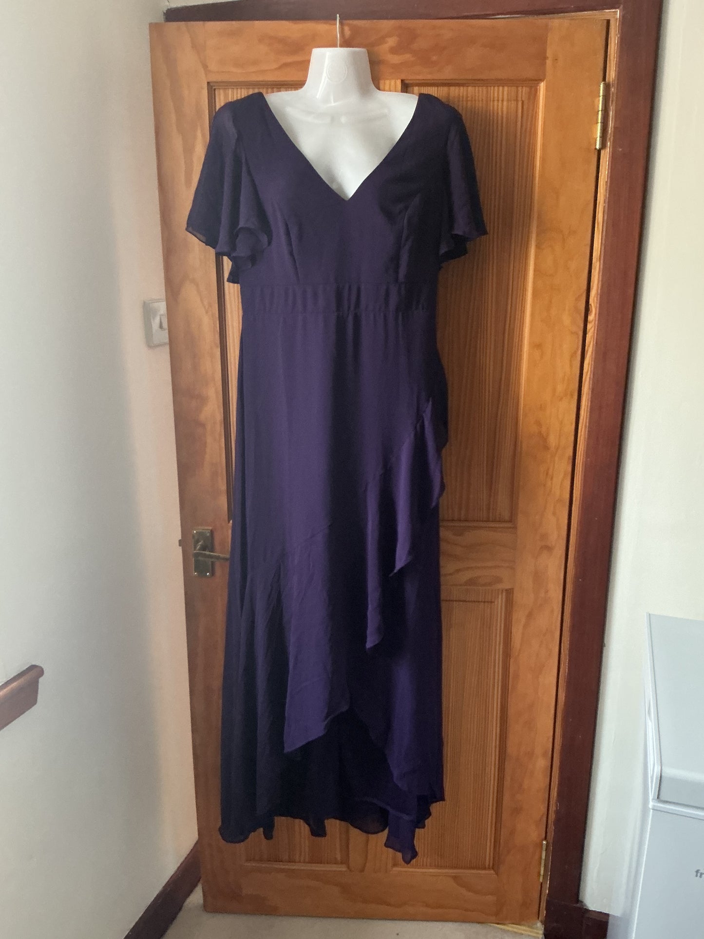 Ever-Pretty Maxi Cocktail Dress Chiffon V-Neck Empire Waist Ruffle Sleeves – Dark Purple UK14