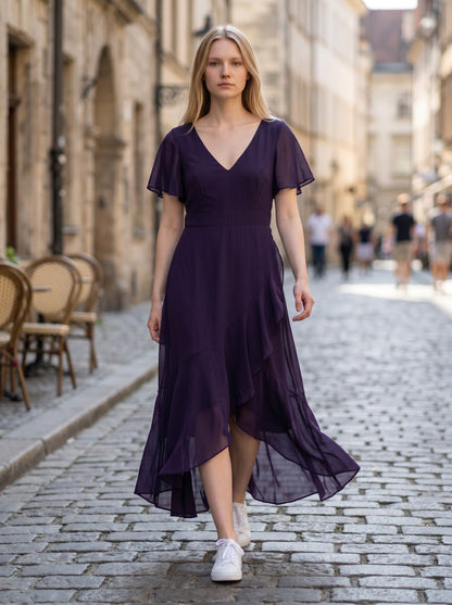 Ever-Pretty Maxi Cocktail Dress Chiffon V-Neck Empire Waist Ruffle Sleeves – Dark Purple UK14