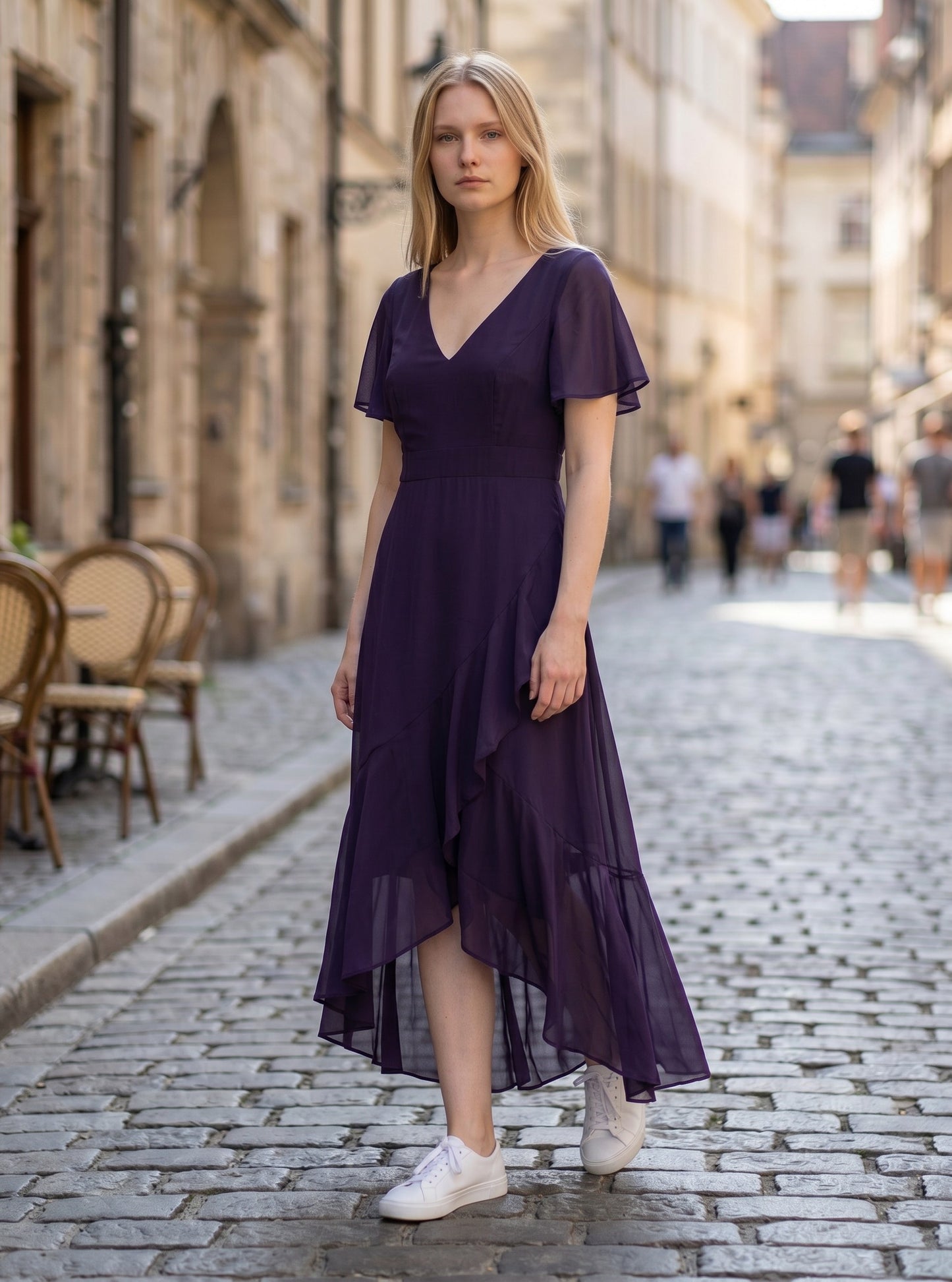Ever-Pretty Maxi Cocktail Dress Chiffon V-Neck Empire Waist Ruffle Sleeves – Dark Purple UK14