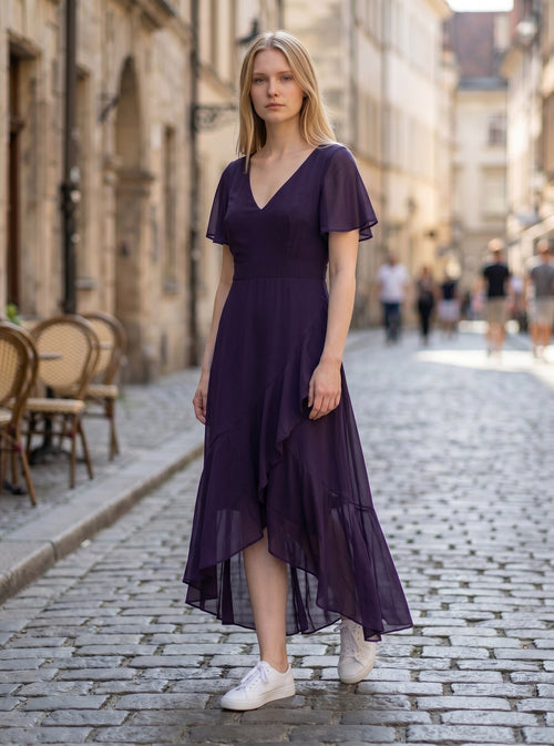 Ever-Pretty Maxi Cocktail Dress Chiffon V-Neck Empire Waist Ruffle Sleeves – Dark Purple UK14