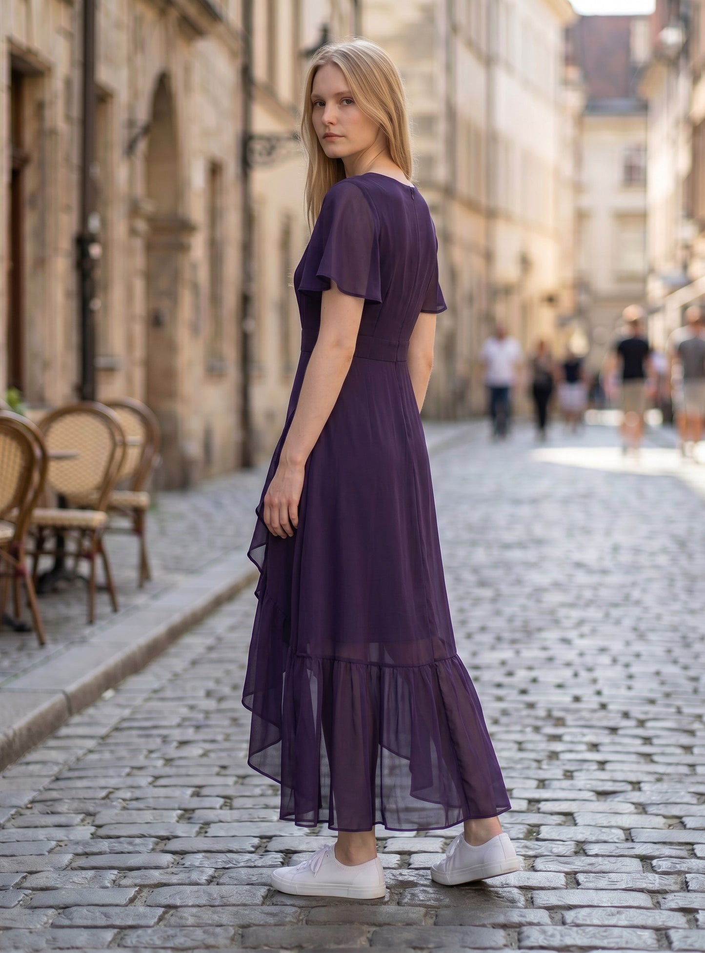 Ever-Pretty Maxi Cocktail Dress Chiffon V-Neck Empire Waist Ruffle Sleeves – Dark Purple UK14