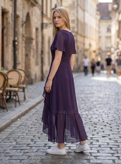 Ever-Pretty Maxi Cocktail Dress Chiffon V-Neck Empire Waist Ruffle Sleeves – Dark Purple UK14