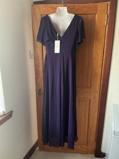 Ever-Pretty Maxi Cocktail Dress Chiffon V-Neck Empire Waist Ruffle Sleeves – Dark Purple UK14