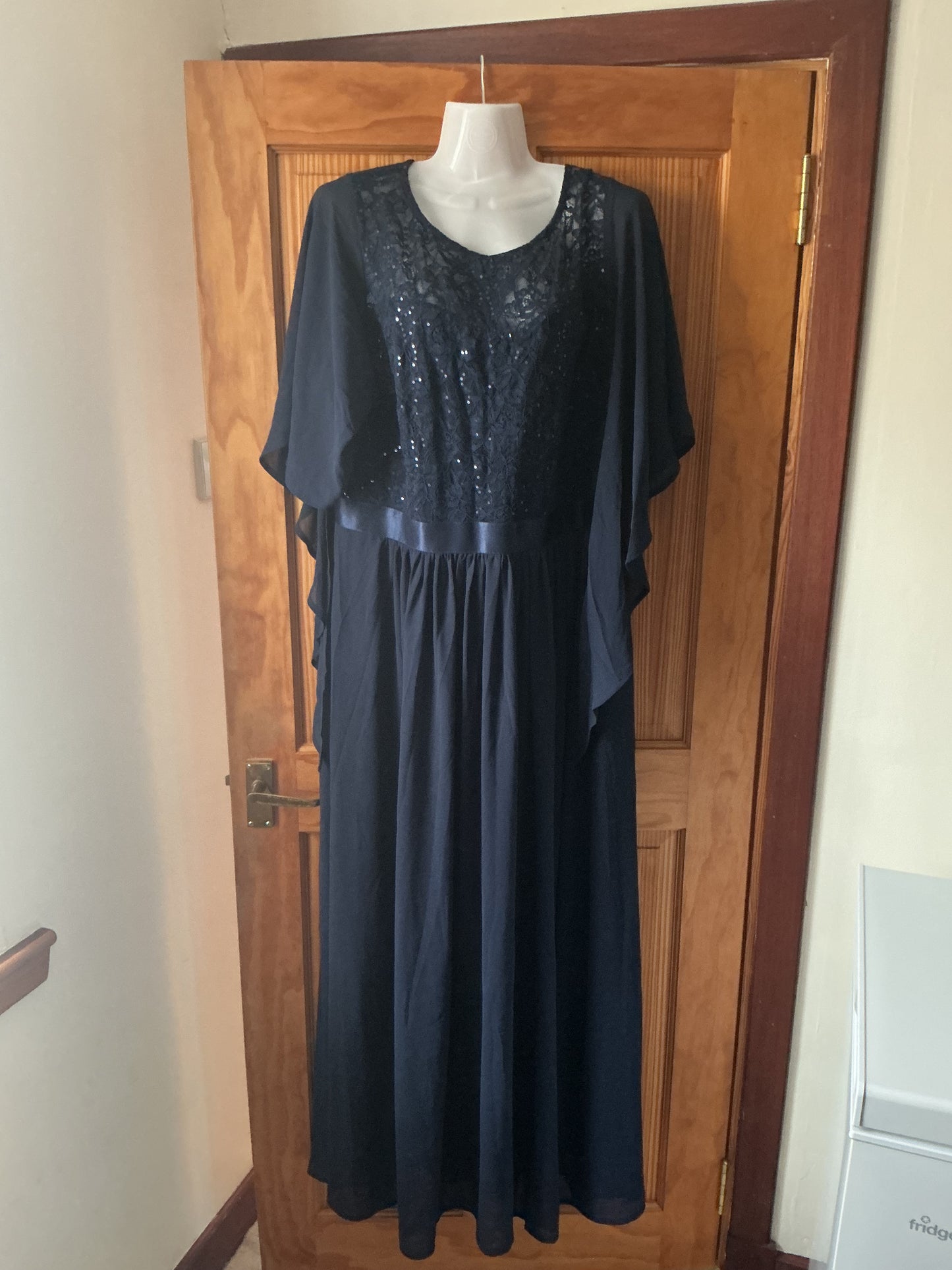 Women's Plus Evening Dress Chiffon Sequin Lace Bodice Butterfly Sleeves – Navy 2XL