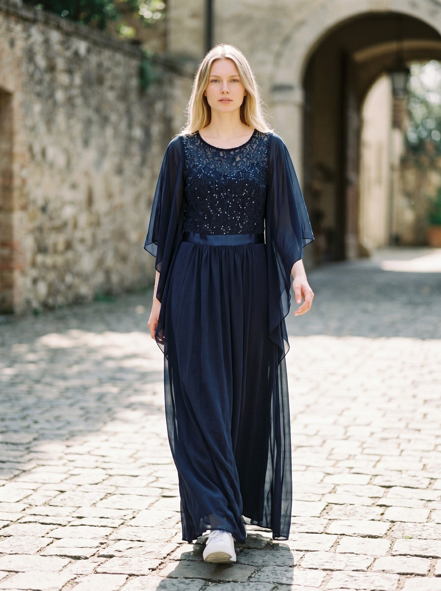 Women's Plus Evening Dress Chiffon Sequin Lace Bodice Butterfly Sleeves – Navy 2XL