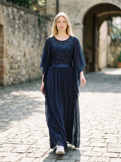 Women's Plus Evening Dress Chiffon Sequin Lace Bodice Butterfly Sleeves – Navy 2XL