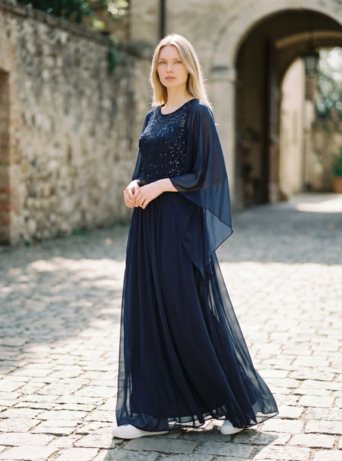 Women's Plus Evening Dress Chiffon Sequin Lace Bodice Butterfly Sleeves – Navy 2XL