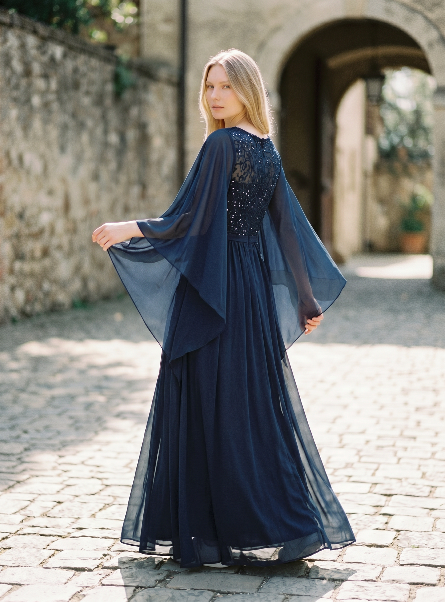 Women's Plus Evening Dress Chiffon Sequin Lace Bodice Butterfly Sleeves – Navy 2XL