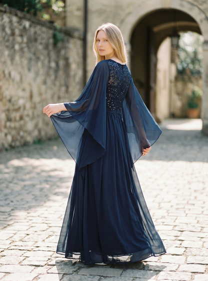 Women's Plus Evening Dress Chiffon Sequin Lace Bodice Butterfly Sleeves – Navy 2XL