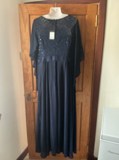 Women's Plus Evening Dress Chiffon Sequin Lace Bodice Butterfly Sleeves – Navy 2XL