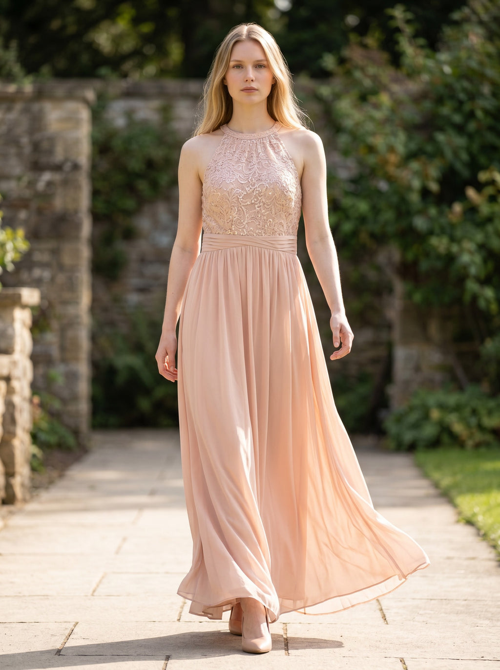 Women’s Halter Neck Maxi Dress Lace & Sequin – Champagne XXL
