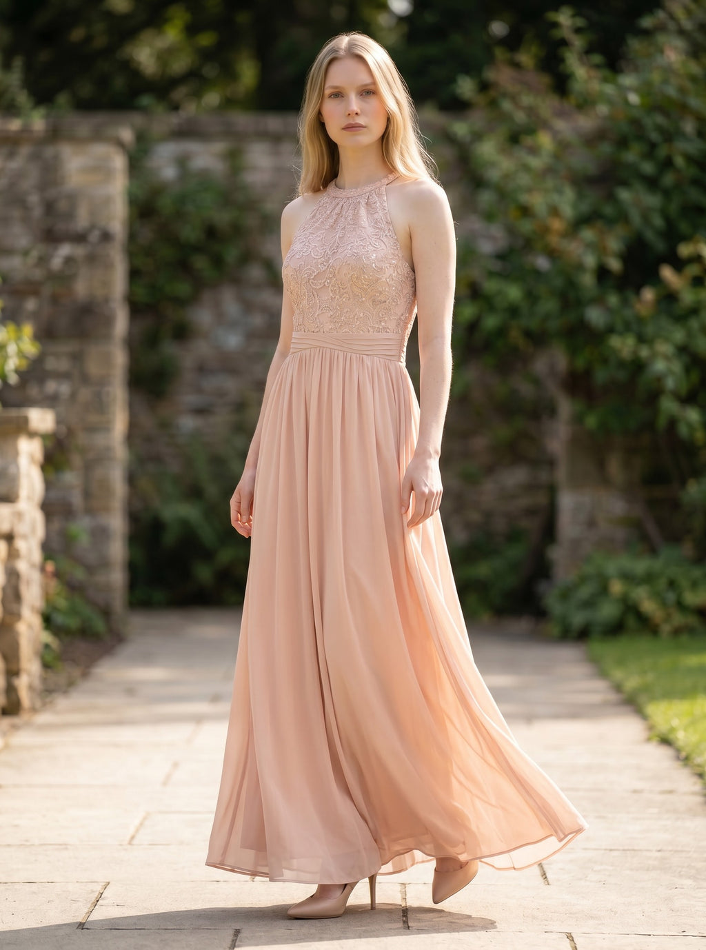 Women’s Halter Neck Maxi Dress Lace & Sequin – Champagne XXL