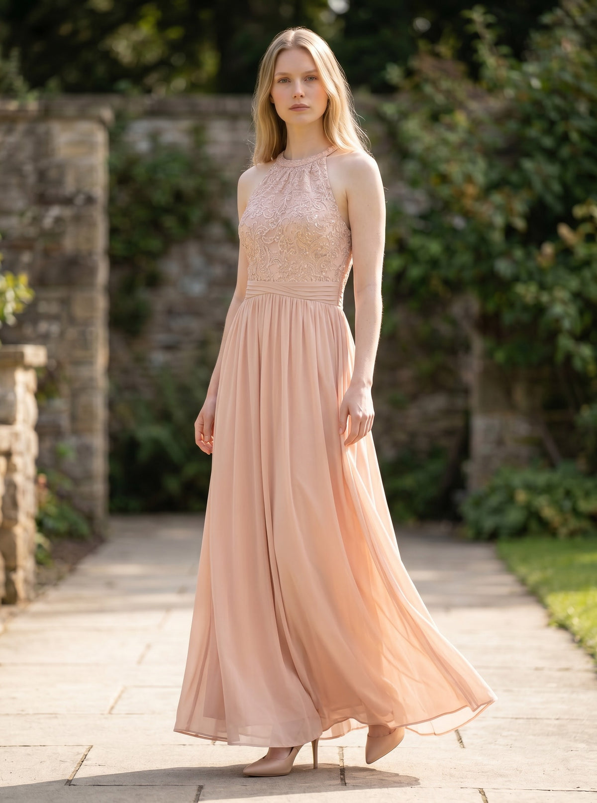 Women’s Halter Neck Maxi Dress Lace & Sequin – Champagne XXL