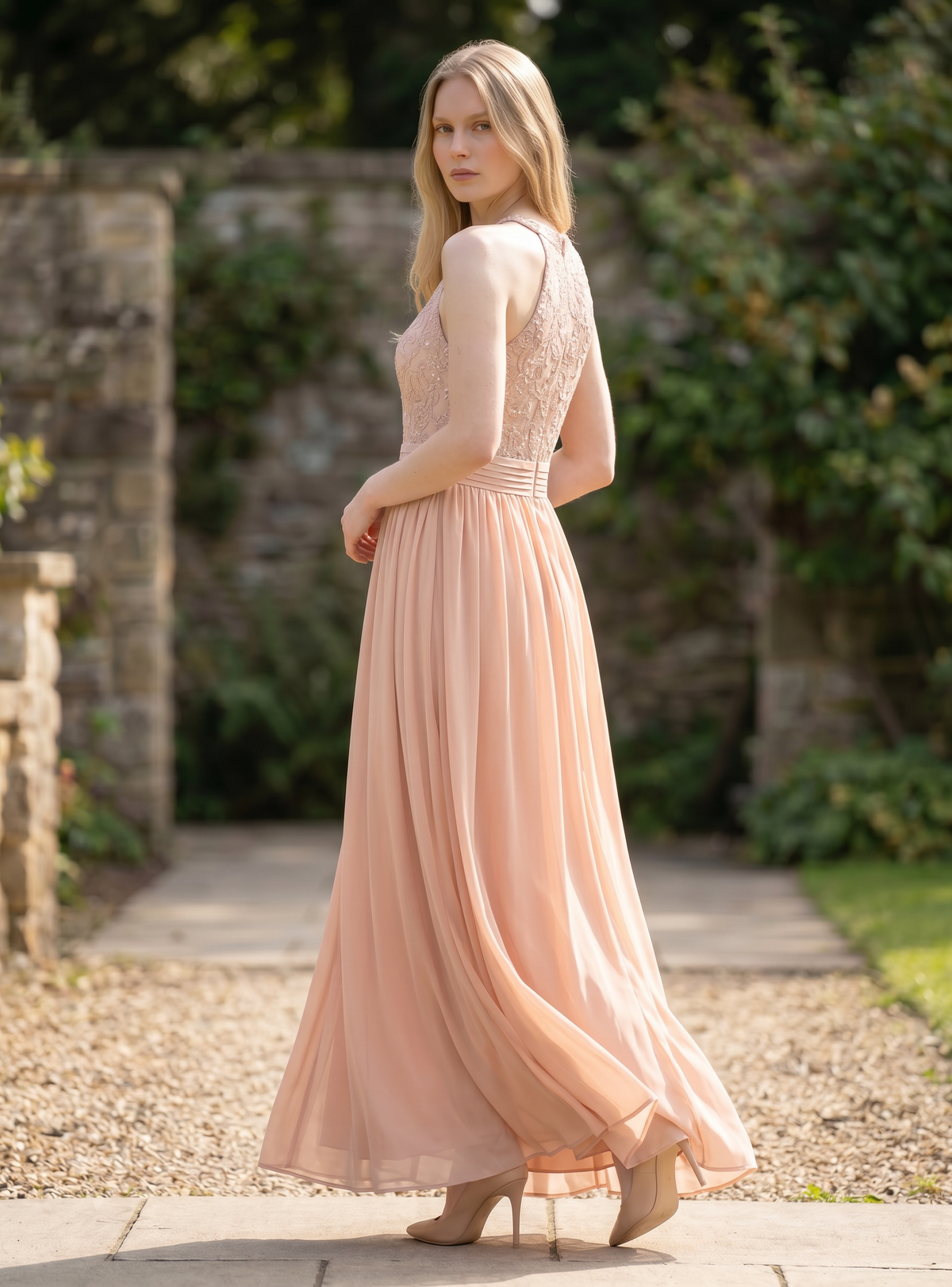Women’s Halter Neck Maxi Dress Lace & Sequin – Champagne XXL