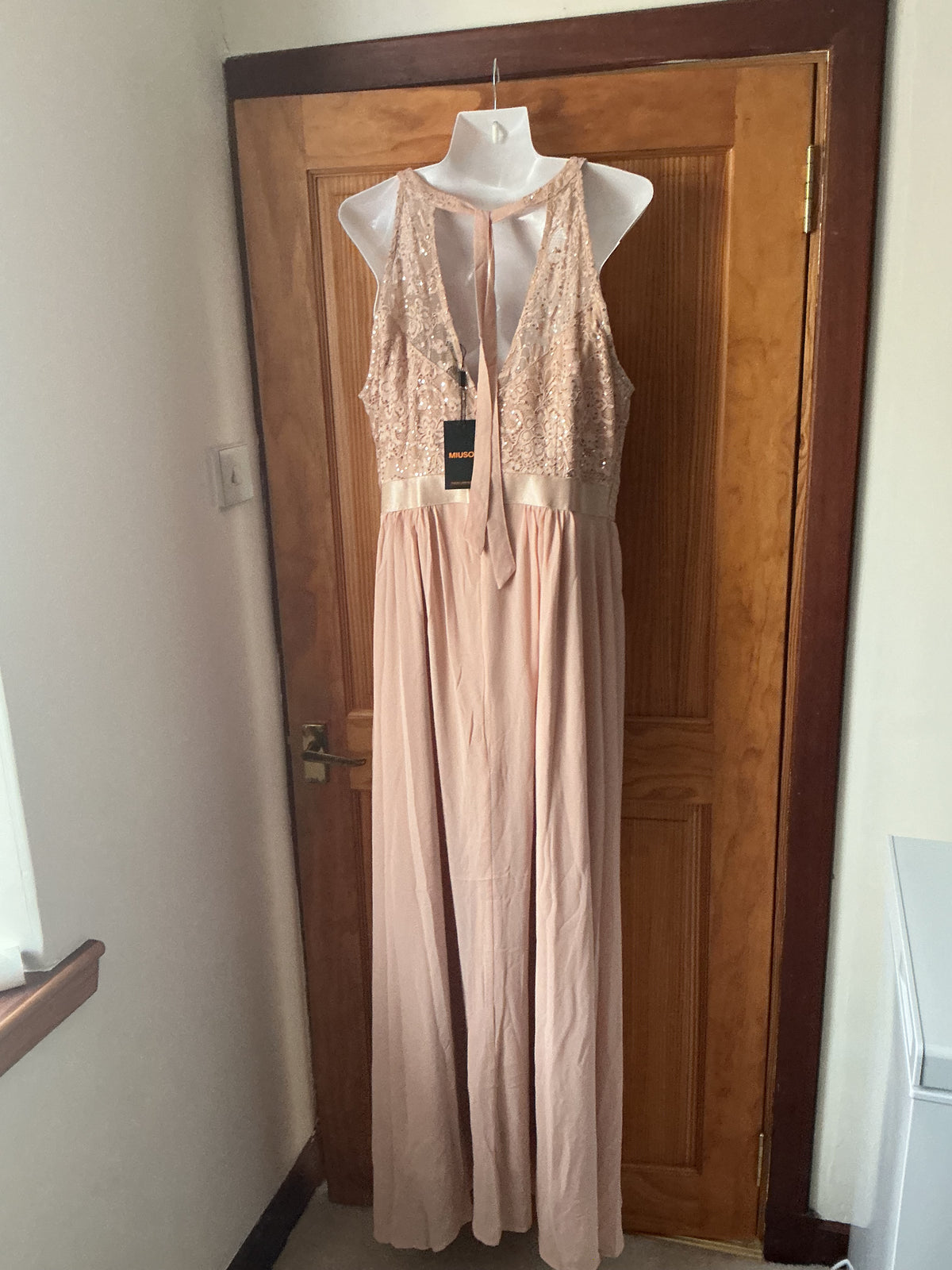 Women’s Halter Neck Maxi Dress Lace & Sequin – Champagne XXL