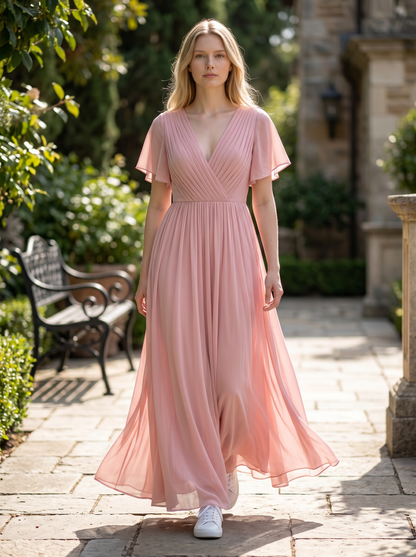 Ever-Pretty V-Neck Chiffon Prom Dress Ruffle Sleeves Plus Size – Pink 24UK