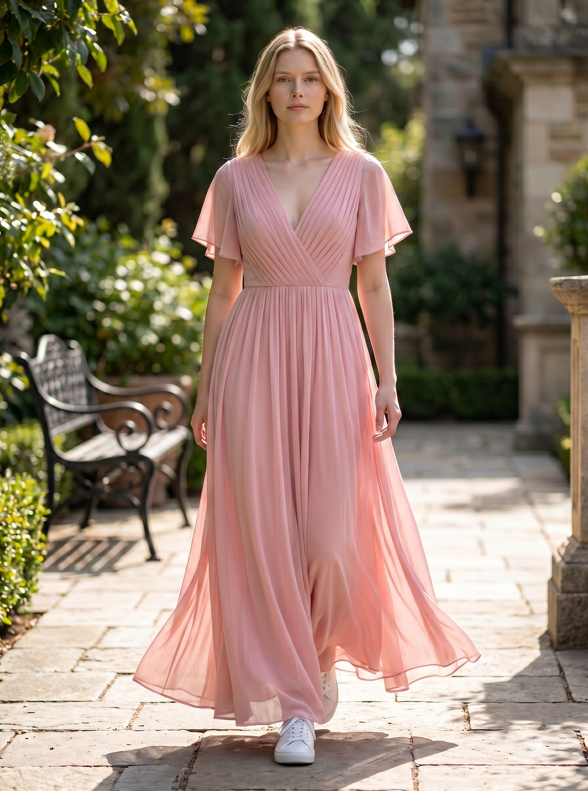 Ever-Pretty V-Neck Chiffon Prom Dress Ruffle Sleeves Plus Size – Pink 24UK