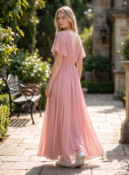 Ever-Pretty V-Neck Chiffon Prom Dress Ruffle Sleeves Plus Size – Pink 24UK