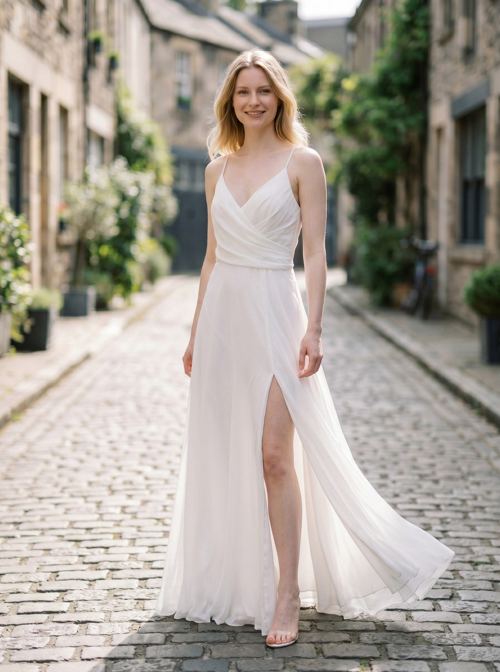 Ever-Pretty A-Line Prom Dress Spaghetti Straps V-Neck Chiffon Slit – White UK 22