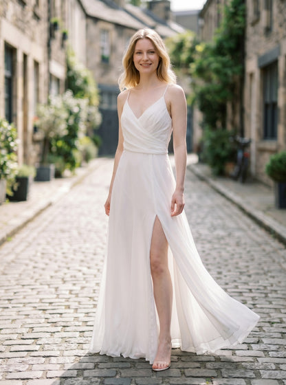 Ever-Pretty A-Line Prom Dress Spaghetti Straps V-Neck Chiffon Slit – White UK 22