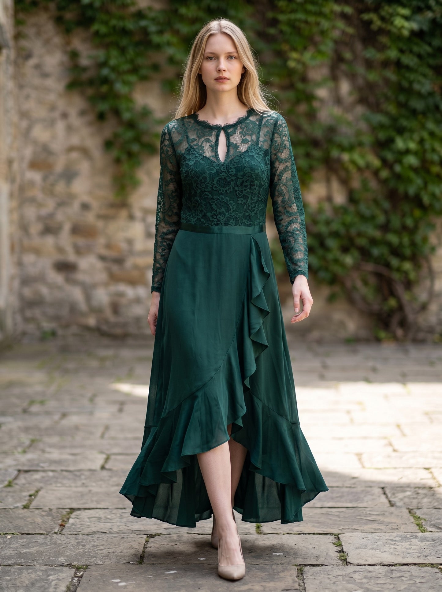 Women's Scoop Neck Floral Lace Maxi Formal Wedding Dress – Dark Green XXL