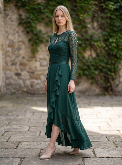 Women's Scoop Neck Floral Lace Maxi Formal Wedding Dress – Dark Green XXL
