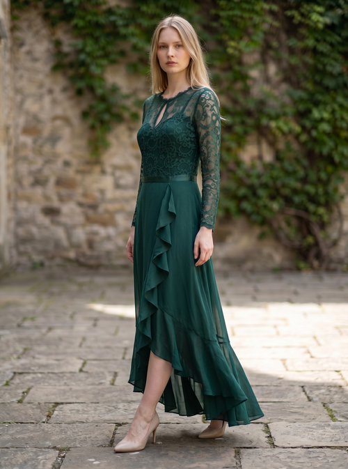 Women's Scoop Neck Floral Lace Maxi Formal Wedding Dress – Dark Green XXL