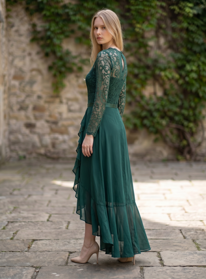 Women's Scoop Neck Floral Lace Maxi Formal Wedding Dress – Dark Green XXL