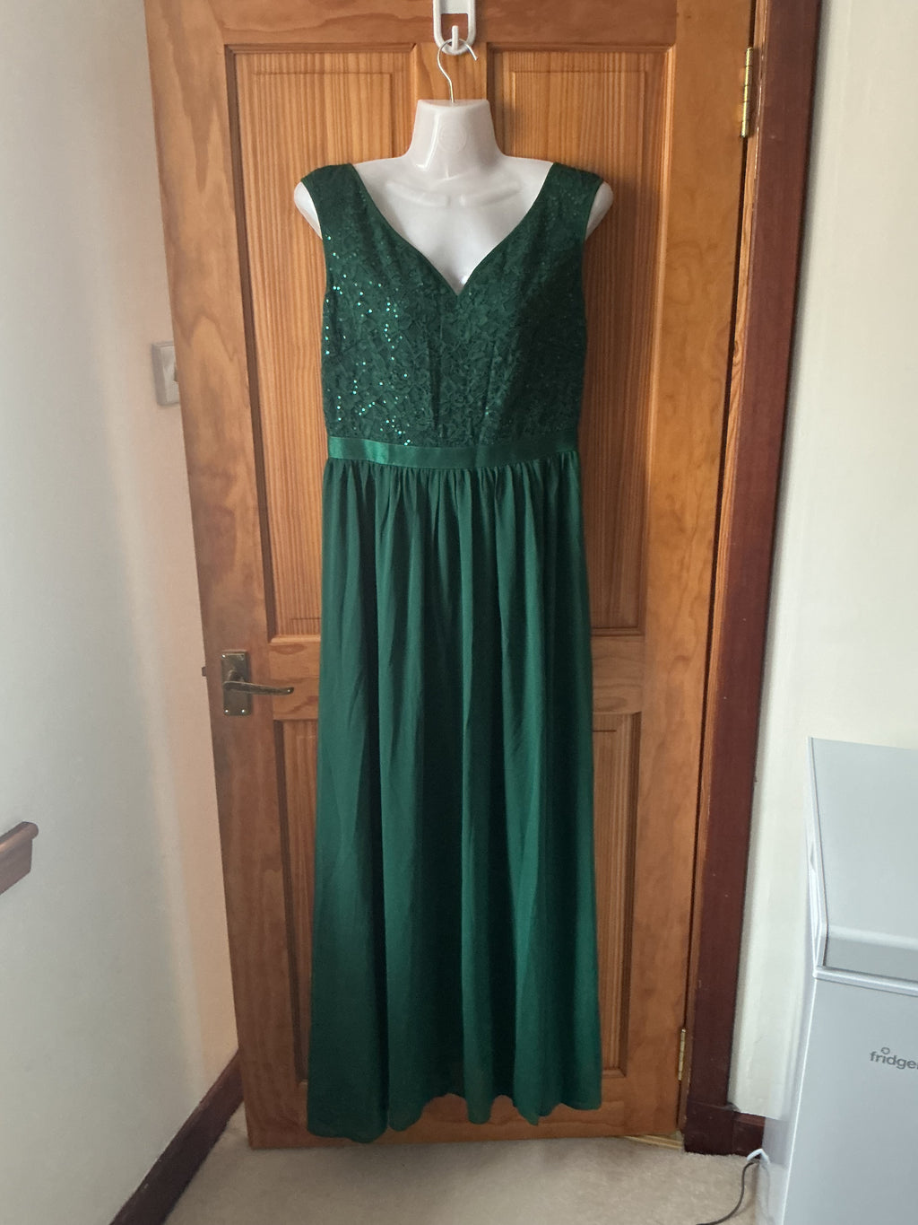 Women's Double V Neck Sequin Lace Chiffon Evening Maxi Dress – Dark Green L