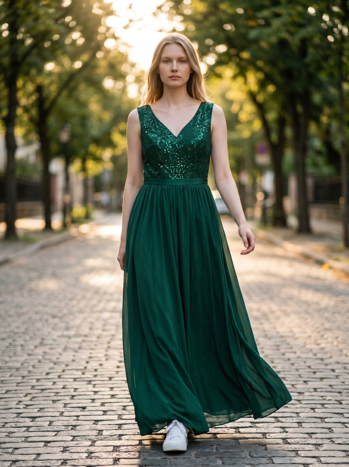 Women's Double V Neck Sequin Lace Chiffon Evening Maxi Dress – Dark Green L