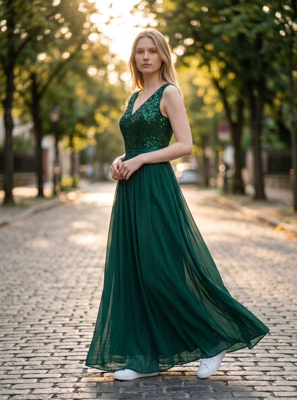 Women's Double V Neck Sequin Lace Chiffon Evening Maxi Dress – Dark Green L