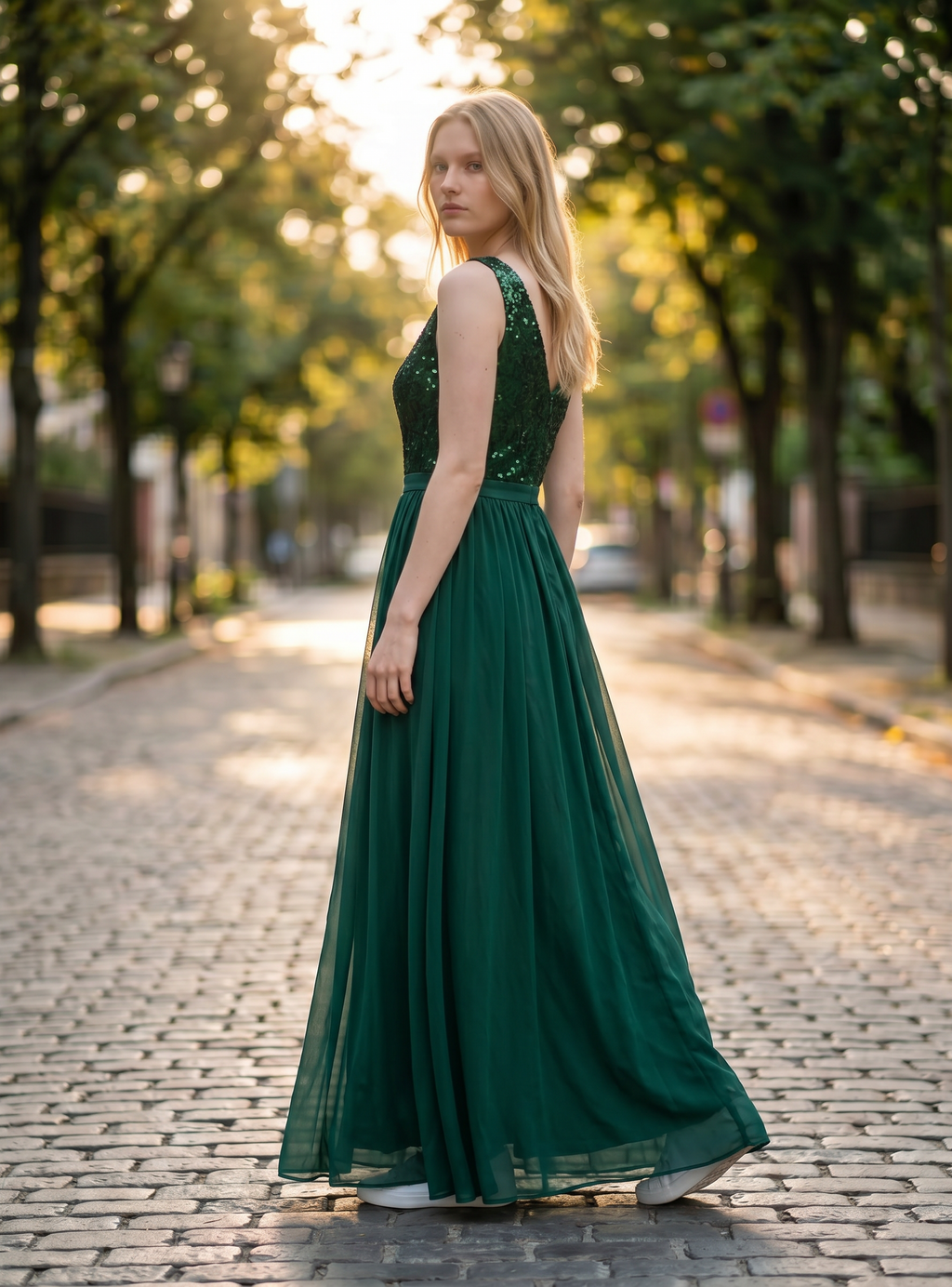 Women's Double V Neck Sequin Lace Chiffon Evening Maxi Dress – Dark Green L