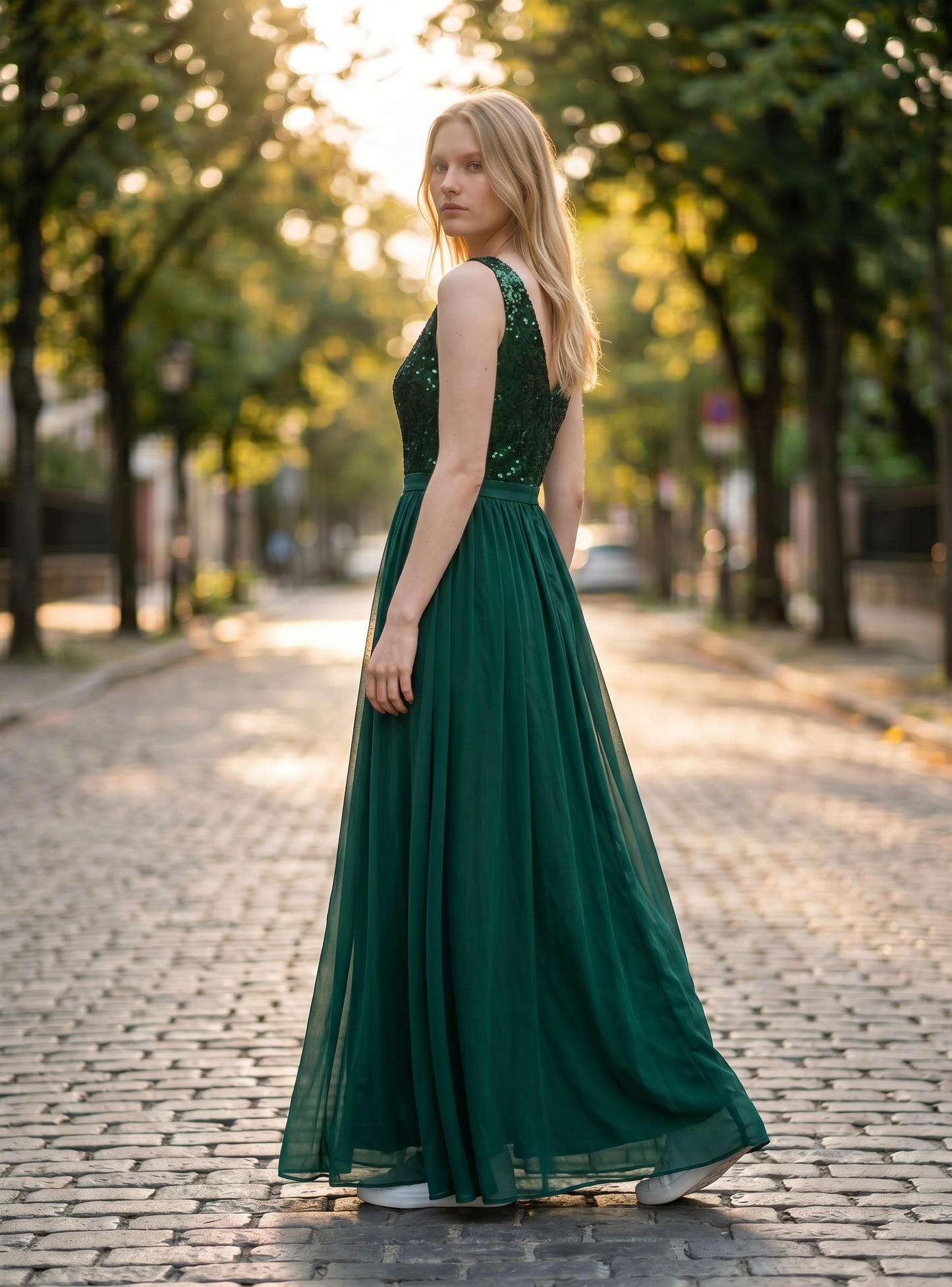 Women's Double V Neck Sequin Lace Chiffon Evening Maxi Dress – Dark Green L