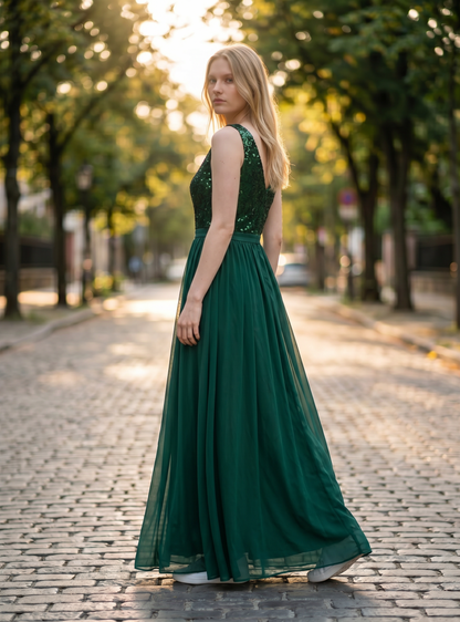 Women's Double V Neck Sequin Lace Chiffon Evening Maxi Dress – Dark Green L
