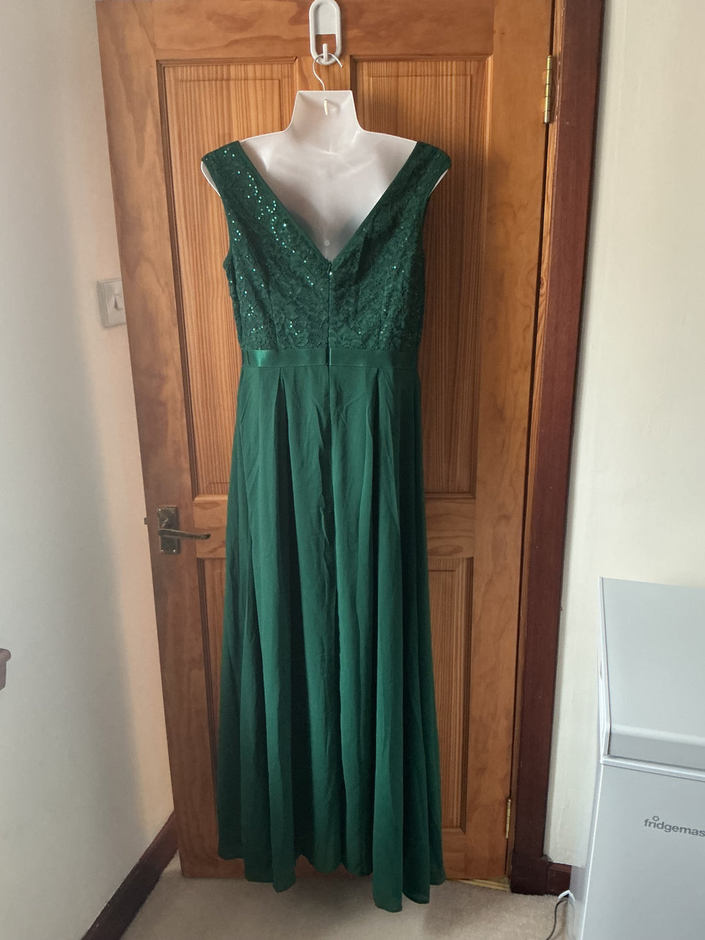 Women's Double V Neck Sequin Lace Chiffon Evening Maxi Dress – Dark Green L