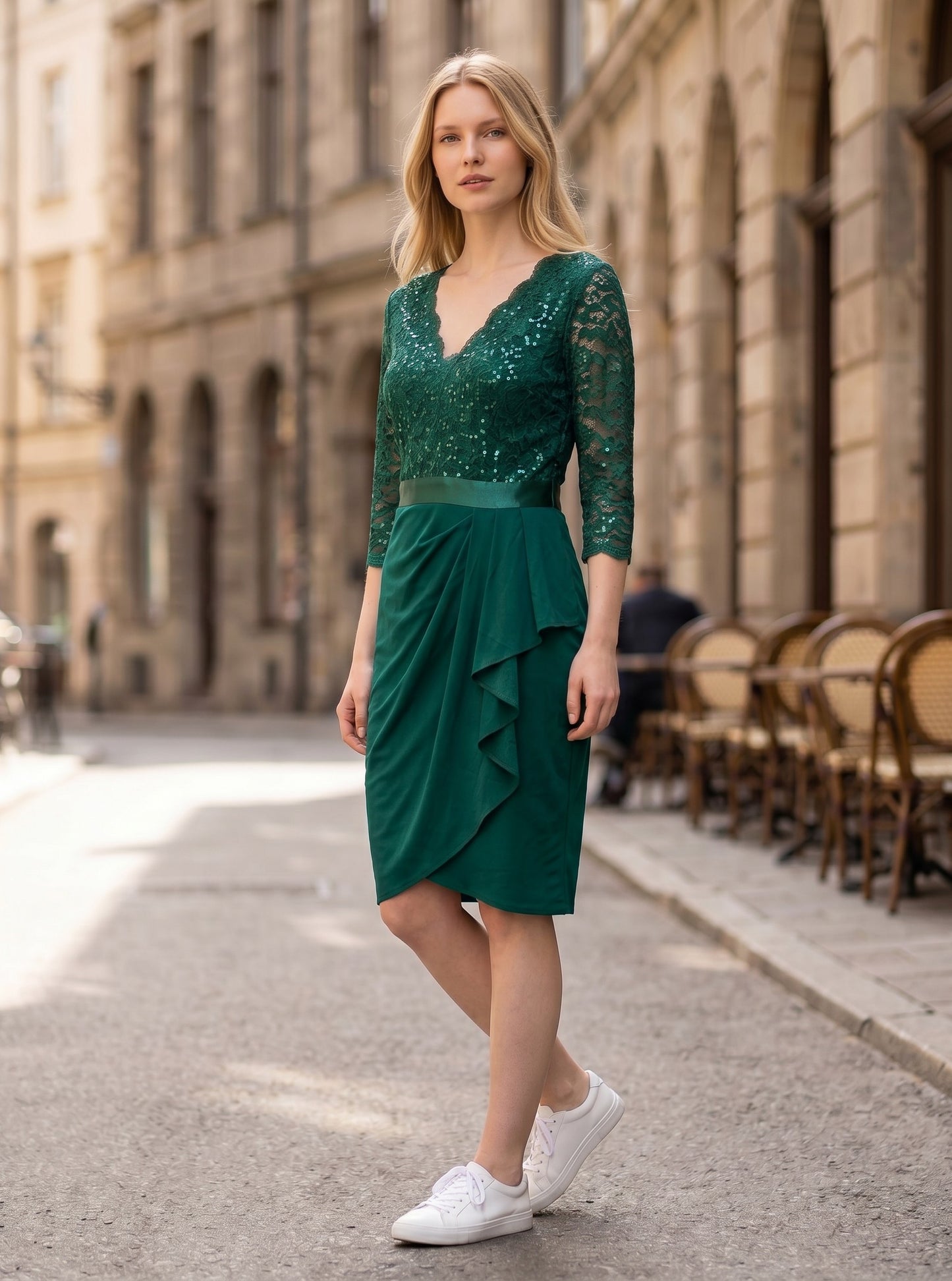V-Neck Lace Bodycon Cocktail Dress 3/4 Sleeve Sequins Version – Dark Green L