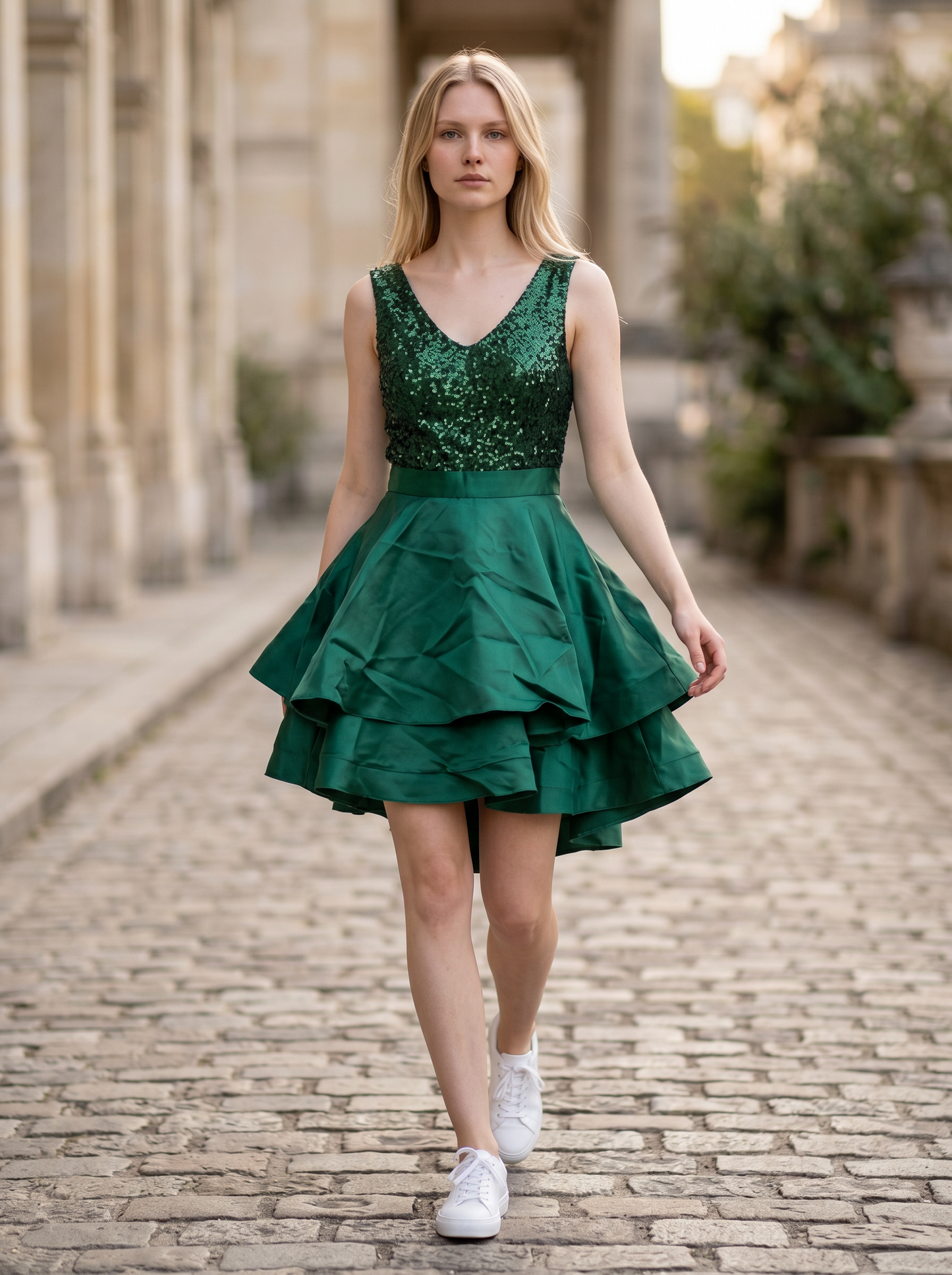 Women's Satin Homecoming Dress Sequin V-neck A-line – Dark Green S