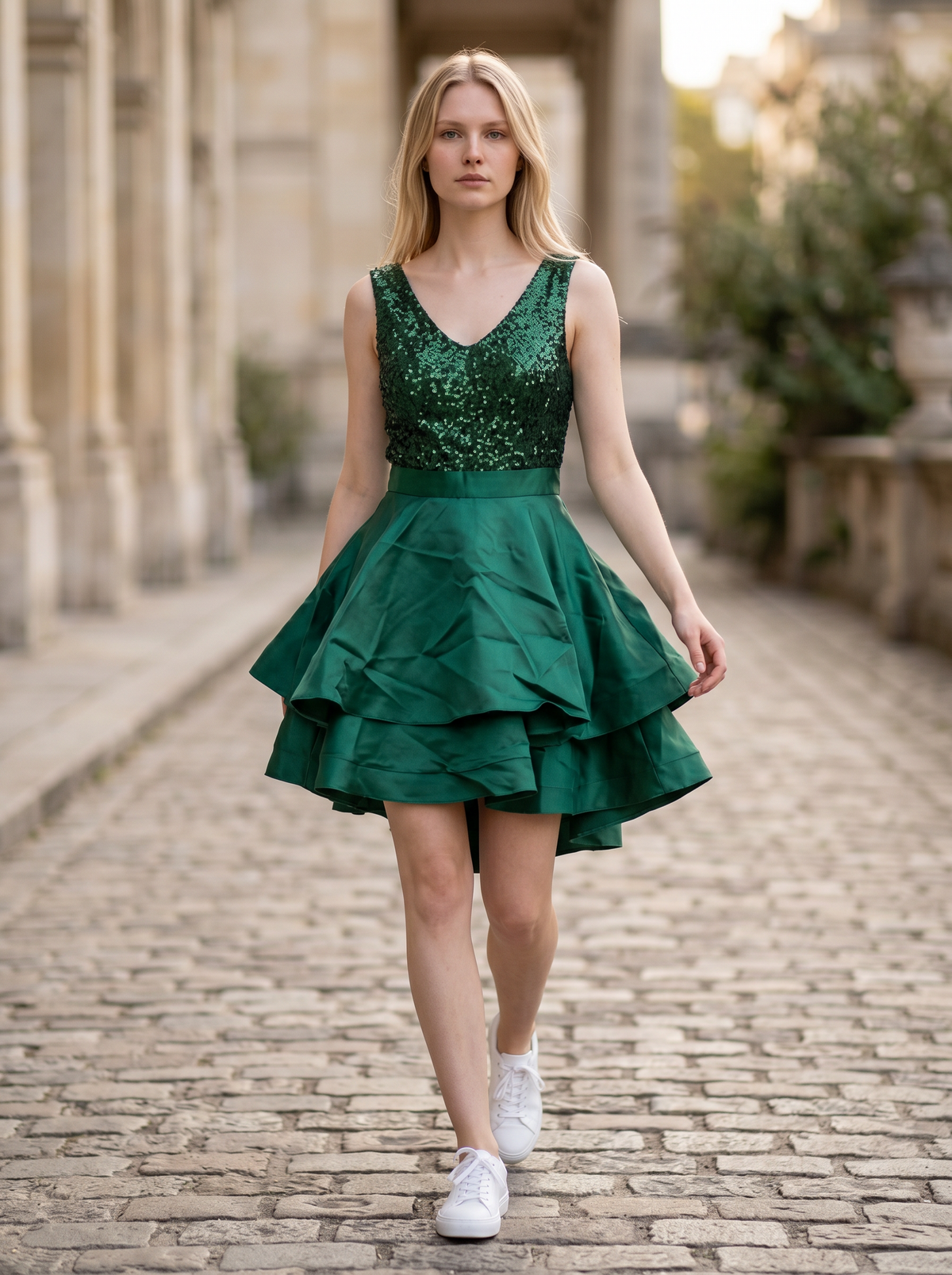 Women's Satin Homecoming Dress Sequin V-neck A-line – Dark Green S
