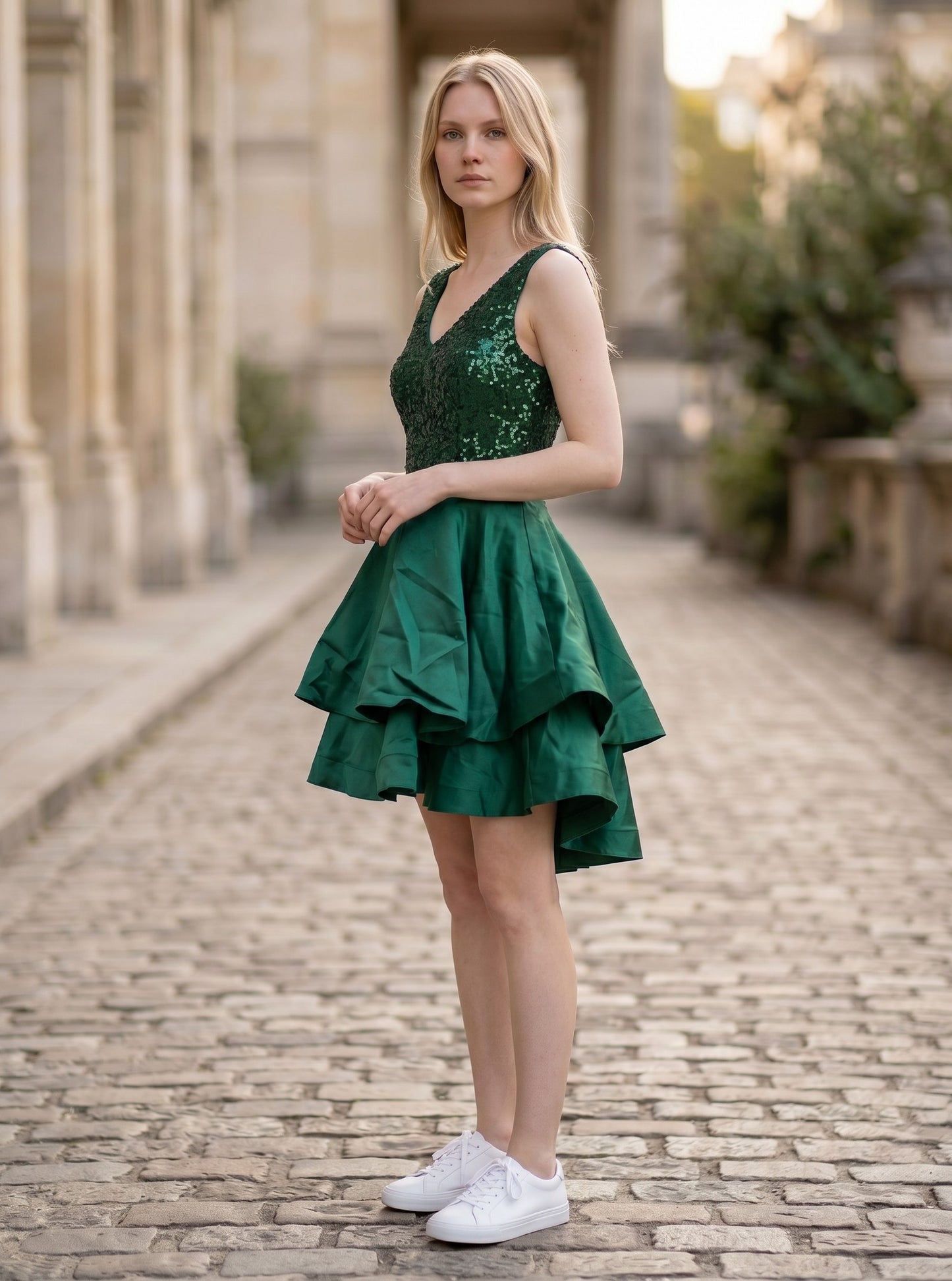 Women's Satin Homecoming Dress Sequin V-neck A-line – Dark Green S