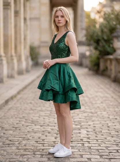 Women's Satin Homecoming Dress Sequin V-neck A-line – Dark Green S
