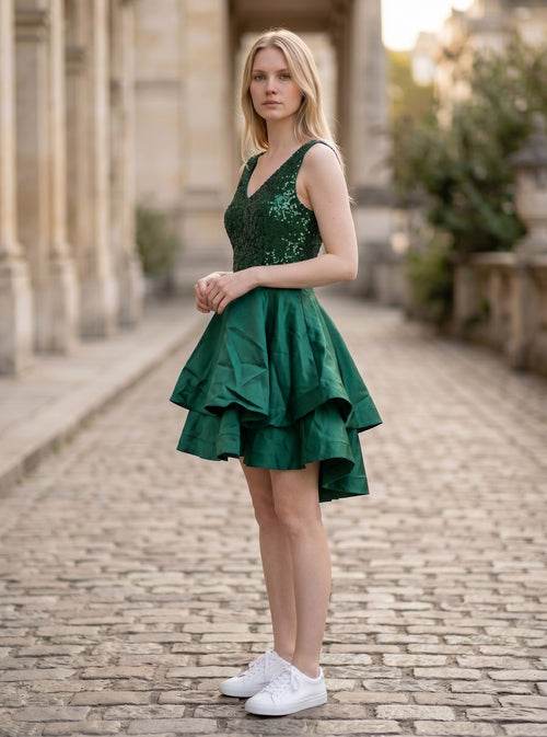 Women's Satin Homecoming Dress Sequin V-neck A-line – Dark Green S