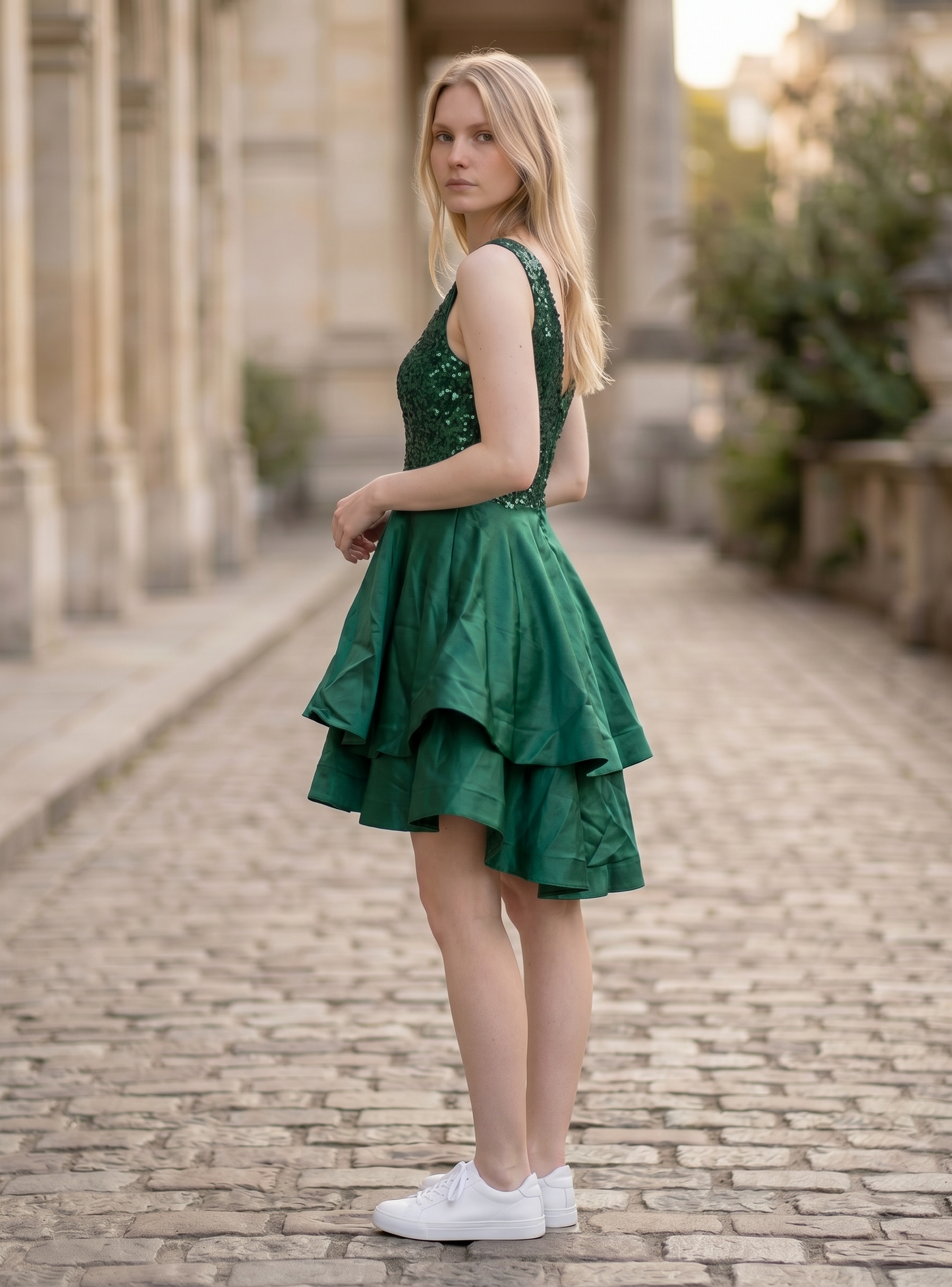 Women's Satin Homecoming Dress Sequin V-neck A-line – Dark Green S