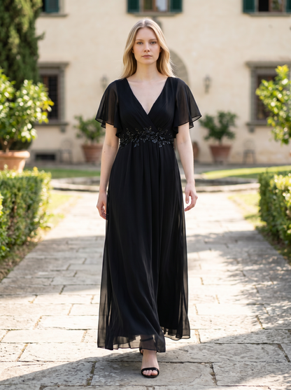 Ever-Pretty V-Neck Pleated A-Line Petite Dress for Wedding Guest – Burnt Black 10UK