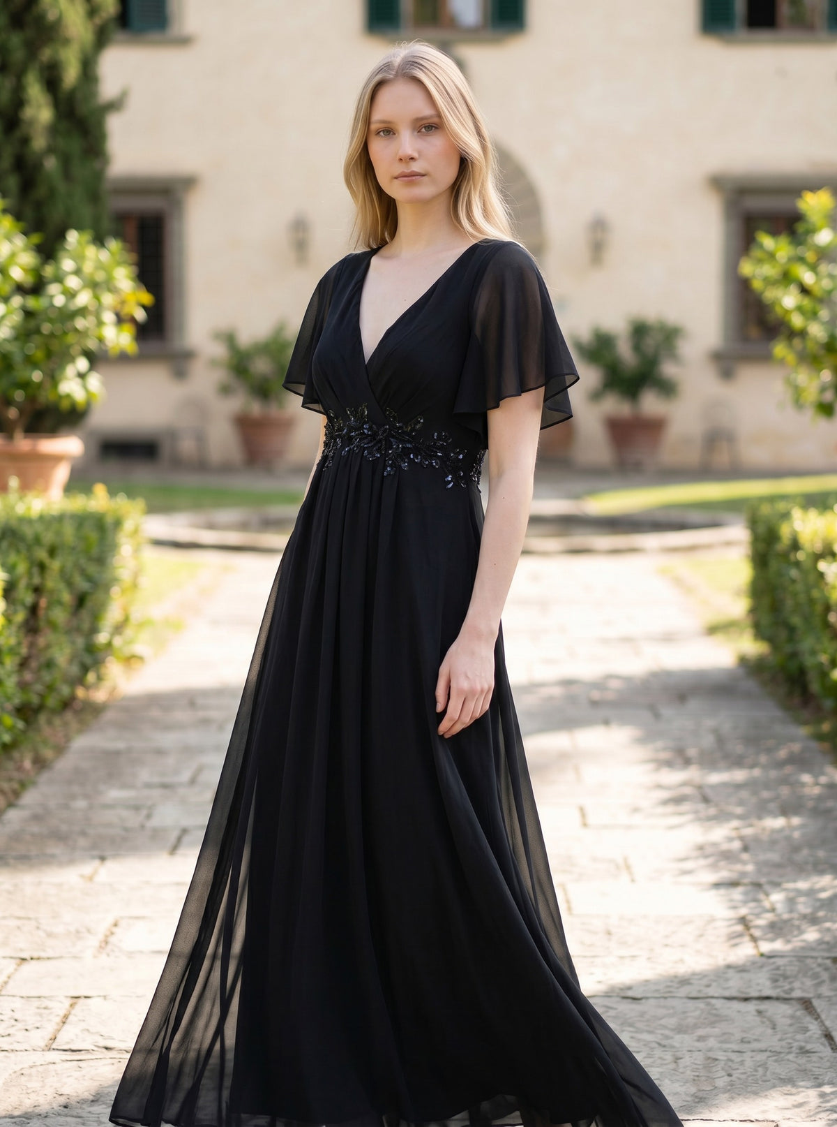 Ever-Pretty V-Neck Pleated A-Line Petite Dress for Wedding Guest – Burnt Black 10UK
