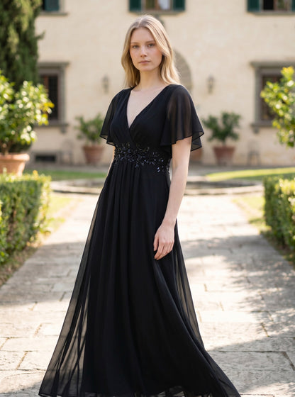 Ever-Pretty V-Neck Pleated A-Line Petite Dress for Wedding Guest – Burnt Black 10UK
