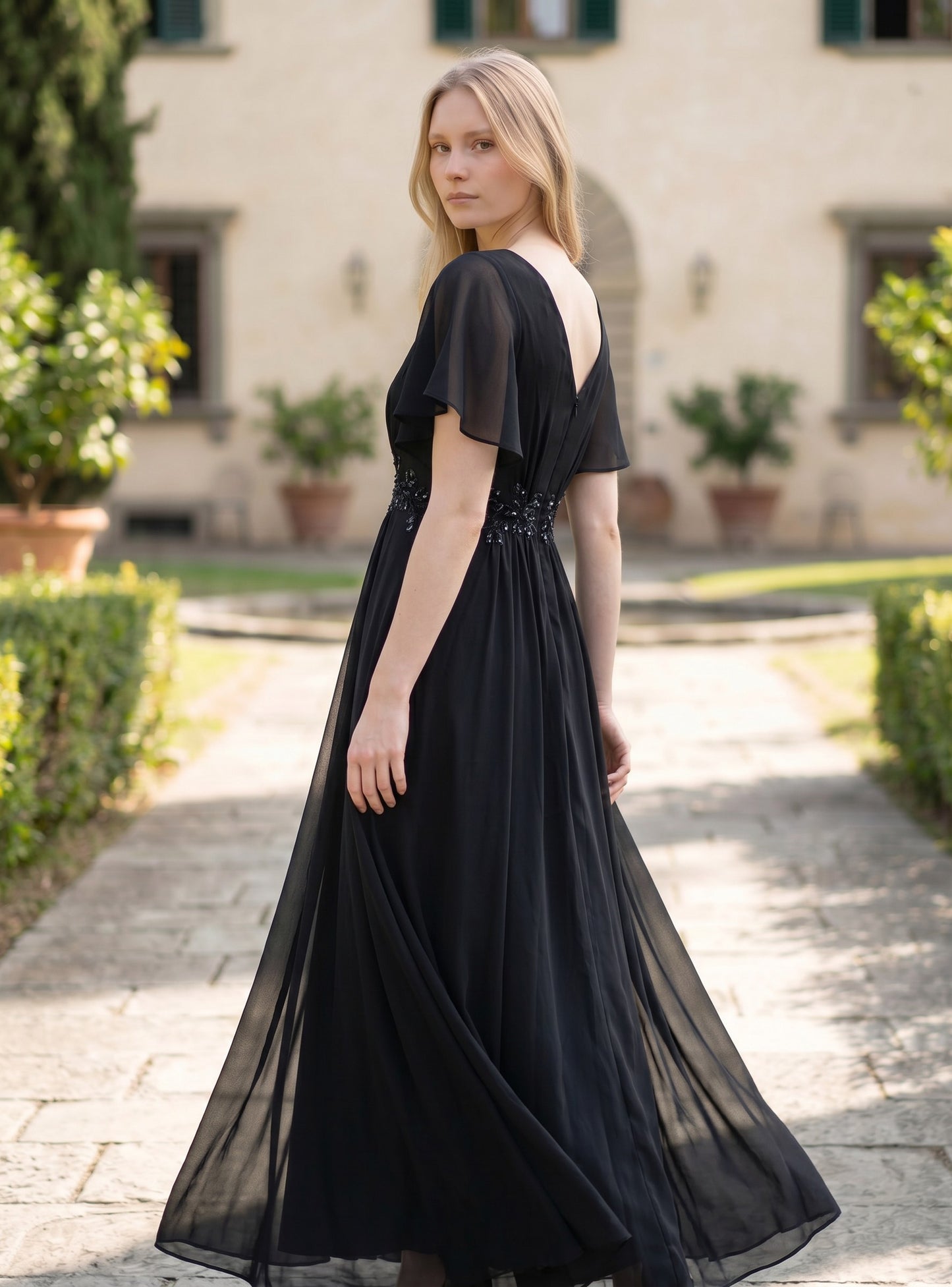 Ever-Pretty V-Neck Pleated A-Line Petite Dress for Wedding Guest – Burnt Black 10UK